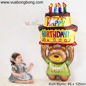 Bong bóng gấu nâng bánh kem Happy Birthday